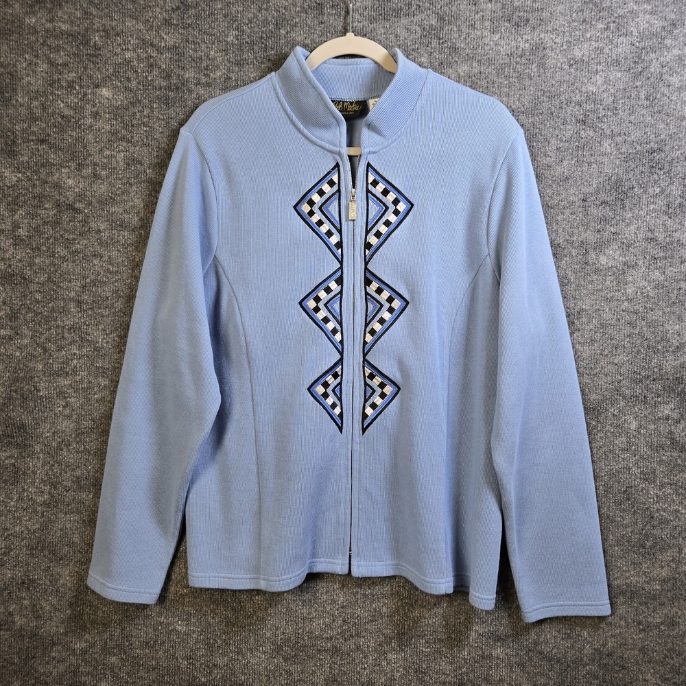 Bob Mackie Sweater Jacket Womens XL Blue Embroidered Full Zip Wearable Art